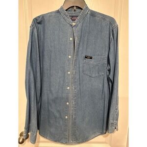Vintage Brit Jeans Co Mens Blue Denim Band Collar Shirt Long Sleeve Button Up LG
